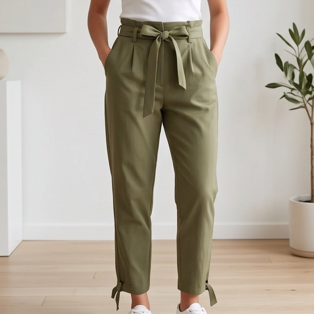 Grace Karin L Olive Green Paperbag Waist Pants Tie Hem Ankle Trousers Large NEW